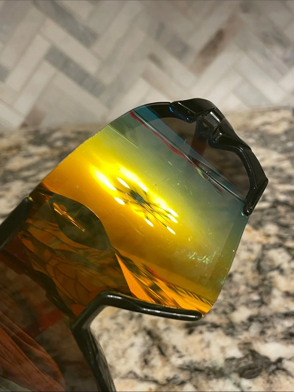 Sport Shield Sunglasses - Black Frame with Mirrored Green-Blue Lens